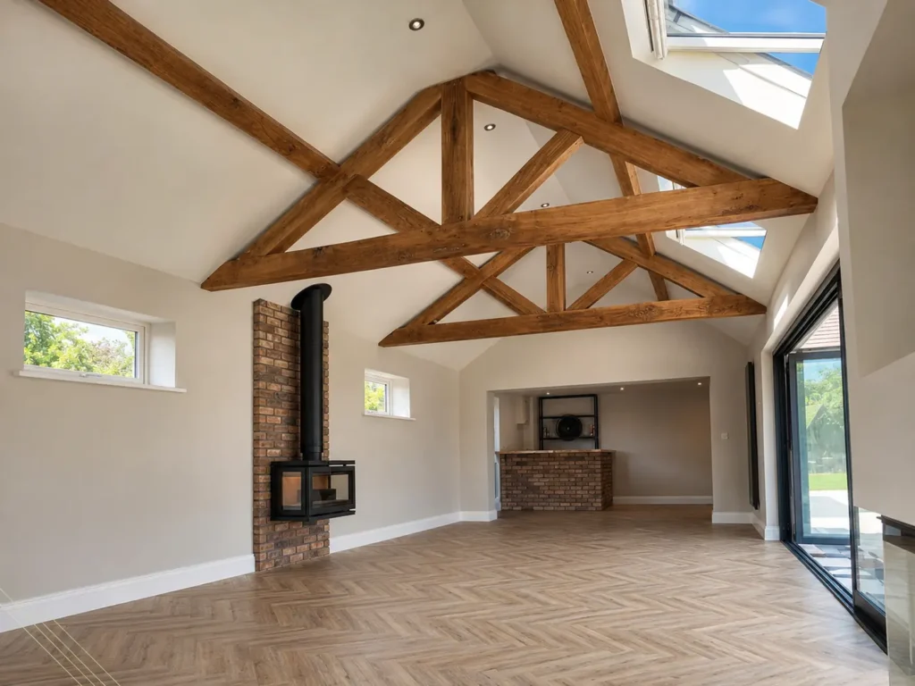 Completed open-plan interior with exposed timber roof trusses by SM Build & Renovate Ltd